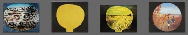 Nolan works using a tondo, from left to right: (1) "Landscape, Dimboola", 1948; (2) "Moonboy" or "Boy and the Moon", 1939-40, National Gallery of Australia; (3) "Homage aux Prix Nobel", 1974; (4) "Mrs Skillion putting her fingers to her nose", c 1946-47. Nolan works using a tondo, from left to right: (1) "Landscape, Dimboola", 1948; (2) "Moonboy" or "Boy and the Moon", 1939-40, National Gallery of Australia; (3) "Homage aux Prix Nobel", 1974; (4) "Mrs Skillion putting her fingers to her nose", c 1946-47.