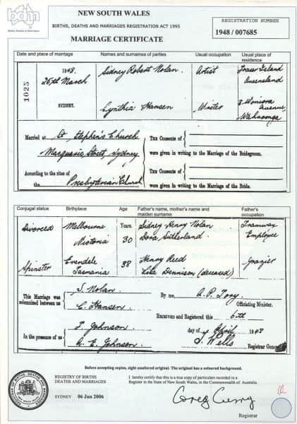 Marriage Certificate - Sidney Nolan and Cynthia Reed (Hansen) Marriage Certificate - Sidney Nolan and Cynthia Reed (Hansen)