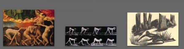 Resembling "Mrs Fraser" - possible predecessors, from left to right: (1) detail from Rogier van der Weyden "Altarpiece of the Last Judgement", c 1452; (2) Eadweard Muybridge "Infantile Paralysis: Child Walking on Hands and Feet", 1887; (3) Robert Gibbings, illustration from "John Graham (Convict)", 1937 Resembling "Mrs Fraser" - possible predecessors, from left to right: (1) detail from Rogier van der Weyden "Altarpiece of the Last Judgement", c 1452; (2) Eadweard Muybridge "Infantile Paralysis: Child Walking on Hands and Feet", 1887; (3) Robert Gibbings, illustration from "John Graham (Convict)", 1937