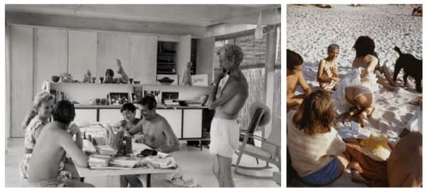 The Reeds and Moras at Aspendale. (L) Clockwise from bottom left: John Perceval, Nadine Amadio, Sunday Reed (above divider), Philippe Mora, Georges Mora, John Reed, photo by John Sinclair; (R) Clockwise from bottom left: Sunday Reed, Georges Mora, Lucy Beck, Mirka Mora "showing her frilly knickers", photo by Albert Tucker.