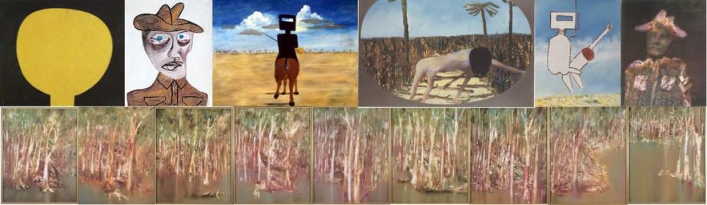 Sidney Nolan, clockwise from top left: "Moonboy" 1940, "Head of Soldier" 1942, "Ned Kelly" 1946, "Mrs Fraser" 1947, "Beyond is Anything" 1974, Untitled portrait of army corporal 1969, "Riverbend" 1964