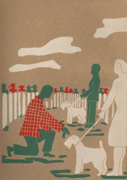 'Judging the Airedales', linocut by Irvine Green, Tails Up, ed. Cecily Crozier, Comment Publications 'Judging the Airedales', linocut by Irvine Green, Tails Up, ed. Cecily Crozier, Comment Publications