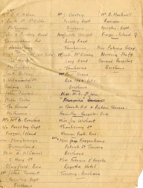 In Sidney Nolan's handwriting: first page of invitees to 1948 exhibition of Fraser Island paintings at The Moreton Galleries, Brisbane