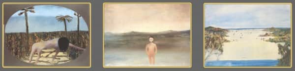 left to right: Sidney Nolan's "Mrs Fraser", Queensland Art Gallery; "Fraser Island" Art Gallery of New South Wales; "Lake Wabby", Heide Museum of Modern Art