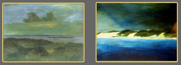 left to right: "Platypus Bay", Queensland Art Gallery; work described as "Frazer (sic) Island", whereabouts unknown