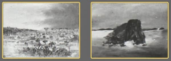 Sidney Nolan, Fraser Island paintings exhibited at The Moreton Galleries, Brisbane, 17-28 February 1948. (L) identity uncertain; (R) possibly No 6 "Maheno"