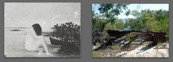 (L) Sidney Nolan, "Urang Creek", 1947, whereabouts unknown: (R) The wreck of the SS Essex at the mouth of Urang Creek