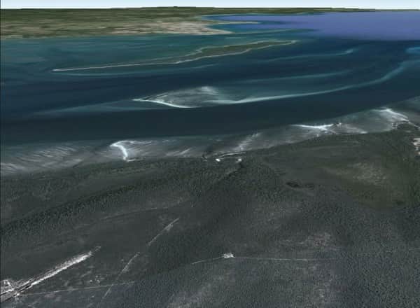 GoogleEarth image looking over Urang Creek and the Woodies west towards the mainland
