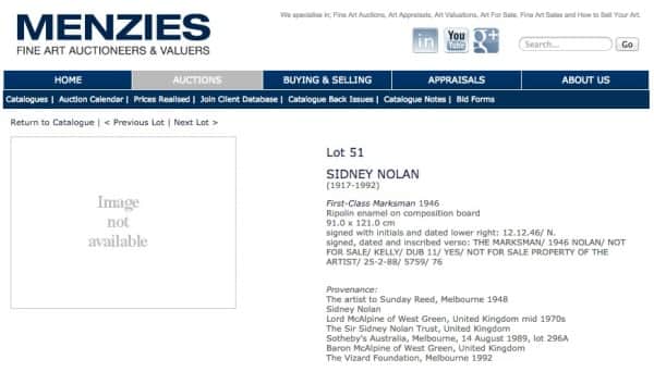 "First Class Marksman", provenance listing, Menzies online catalogue, March 2010, p. 88
