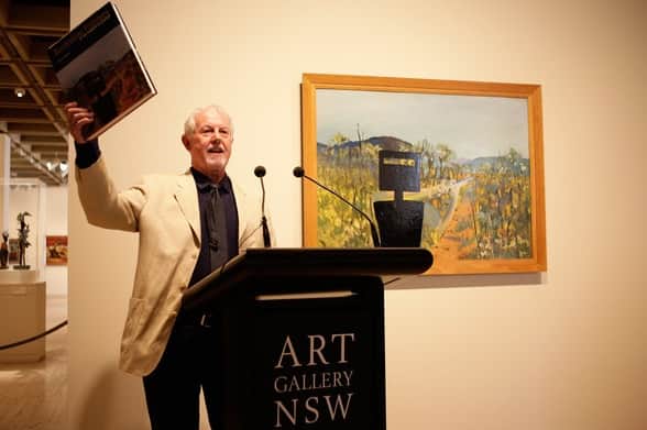 Lou Klepac, Chairman of The Gleeson O'Keefe Foundation, addresses the audience as Australian painter Sidney Nolan's 'First Class Marksman' is unveilled as the newest acquisition by the Art Gallery of New South Wales on March 31, 2010