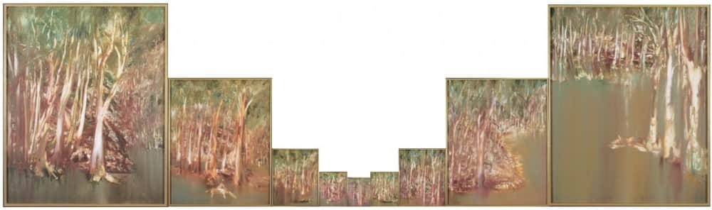 "Riverbend", 1964-65, Sidney Nolan. Note that the size of the middle seven panels has been progressively reduced in this presentation.